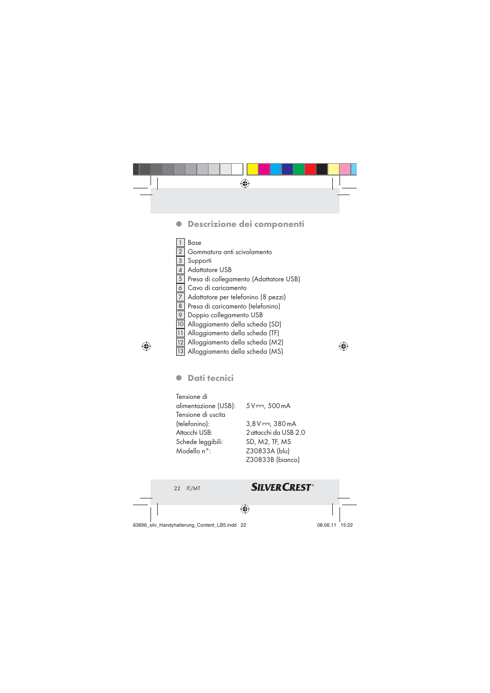 Descrizione dei componenti, Dati tecnici | Silvercrest Z30833 A / Z30833B User Manual | Page 20 / 64