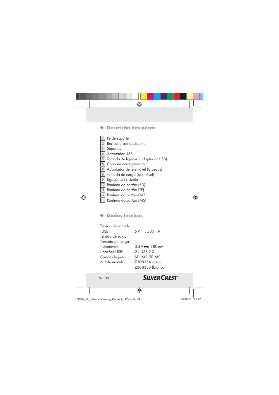 Descrição das peças, Dados técnicos | Silvercrest Z30833 A / Z30833B User Manual | Page 32 / 64