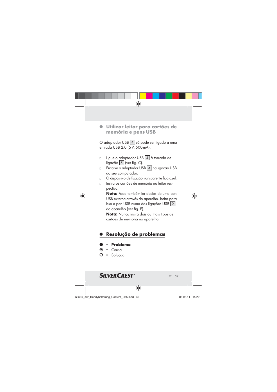 Utilizar leitor para cartões de memória e pens usb, Resolução de problemas | Silvercrest Z30833 A / Z30833B User Manual | Page 37 / 64