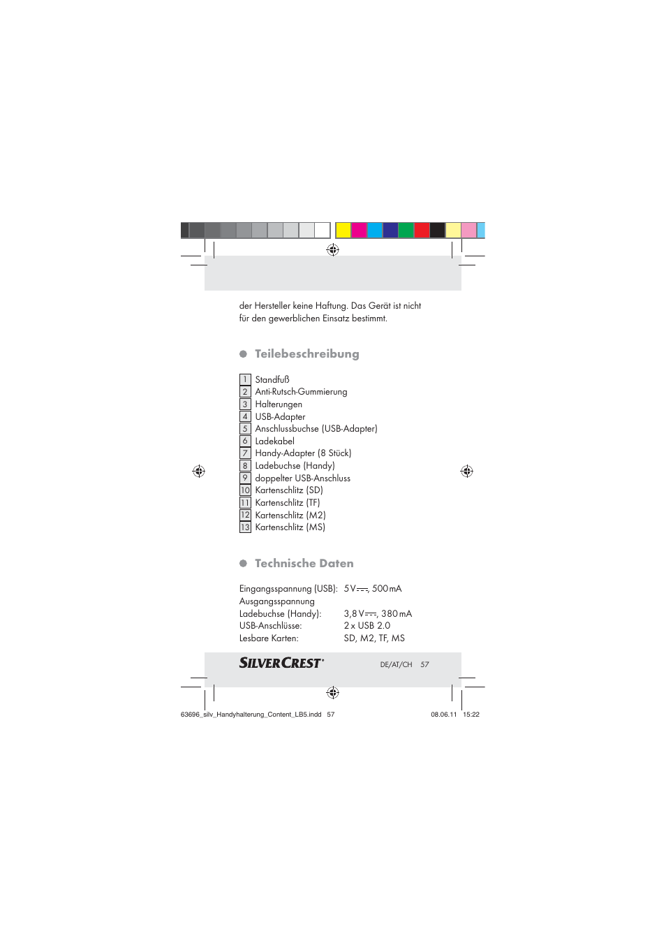 Teilebeschreibung, Technische daten | Silvercrest Z30833 A / Z30833B User Manual | Page 55 / 64