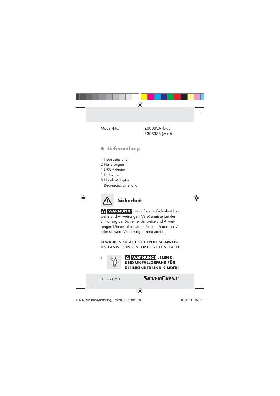 Lieferumfang, Sicherheit | Silvercrest Z30833 A / Z30833B User Manual | Page 56 / 64