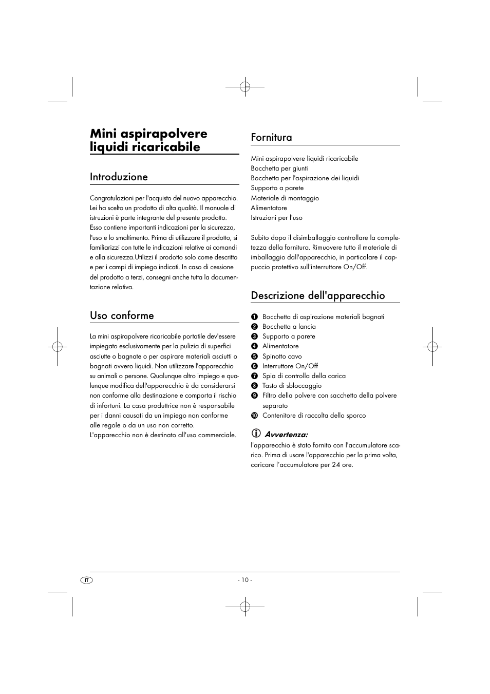 Mini aspirapolvere liquidi ricaricabile, Introduzione, Uso conforme | Fornitura, Descrizione dell'apparecchio | Silvercrest SAS 7.2 A2 User Manual | Page 13 / 43