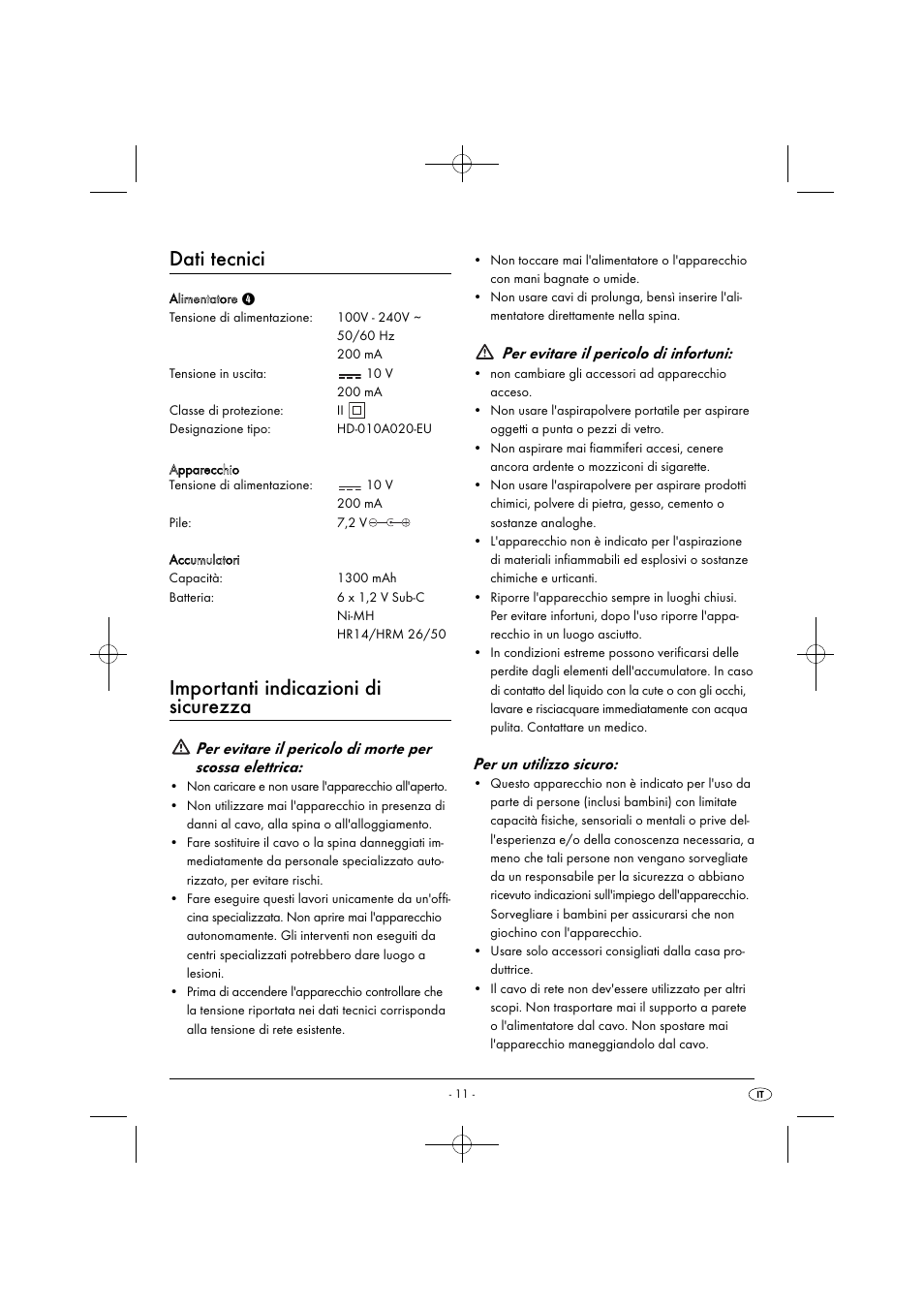 Dati tecnici, Importanti indicazioni di sicurezza, Per evitare il pericolo di infortuni | Per un utilizzo sicuro | Silvercrest SAS 7.2 A2 User Manual | Page 14 / 43