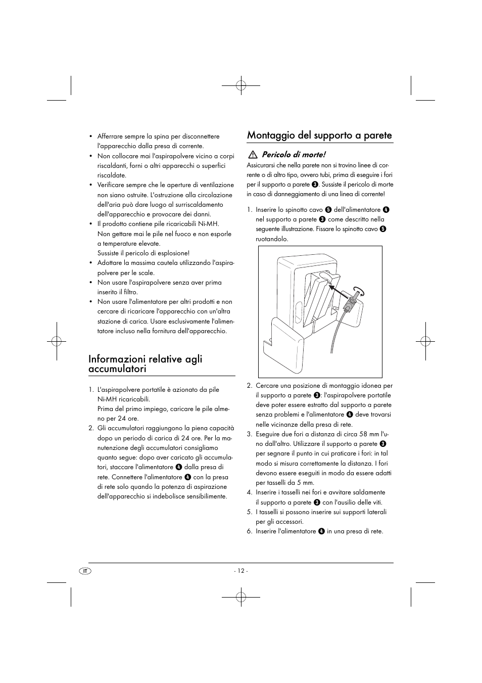 Informazioni relative agli accumulatori, Montaggio del supporto a parete, Pericolo di morte | Silvercrest SAS 7.2 A2 User Manual | Page 15 / 43