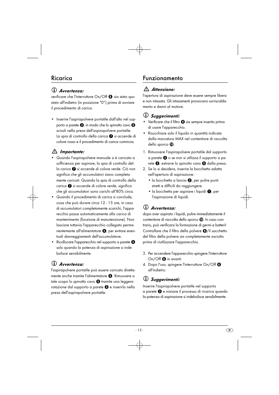 Ricarica, Funzionamento, Avvertenza | Importante, Attenzione, Suggerimenti | Silvercrest SAS 7.2 A2 User Manual | Page 16 / 43