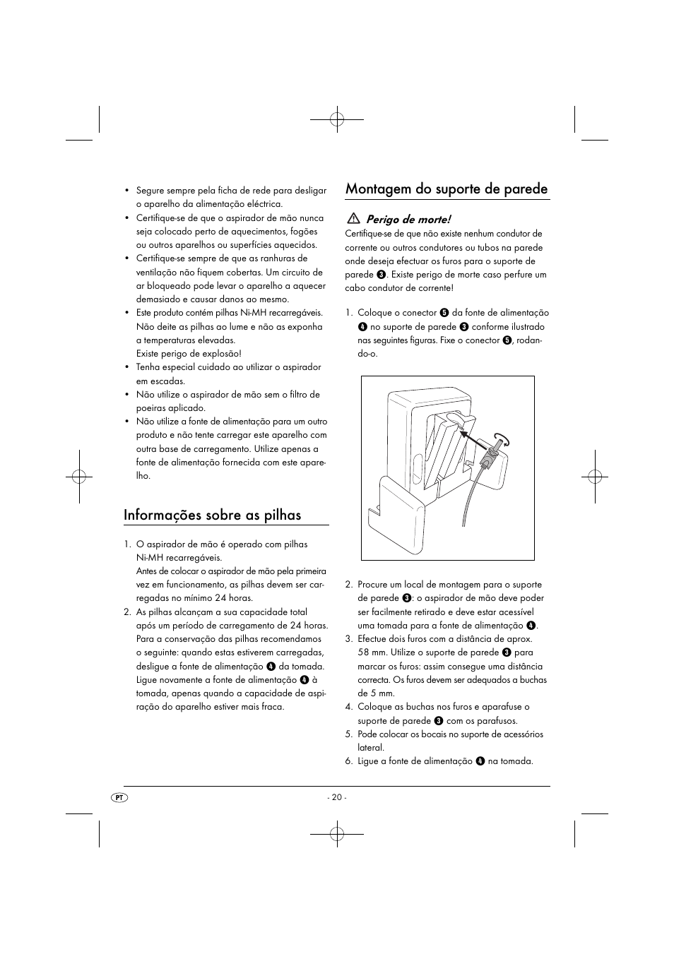 Informações sobre as pilhas, Montagem do suporte de parede, Perigo de morte | Silvercrest SAS 7.2 A2 User Manual | Page 23 / 43