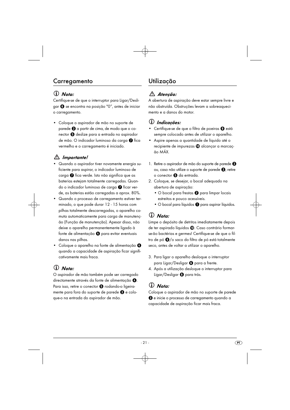 Carregamento, Utilização, Nota | Importante, Atenção, Indicações | Silvercrest SAS 7.2 A2 User Manual | Page 24 / 43