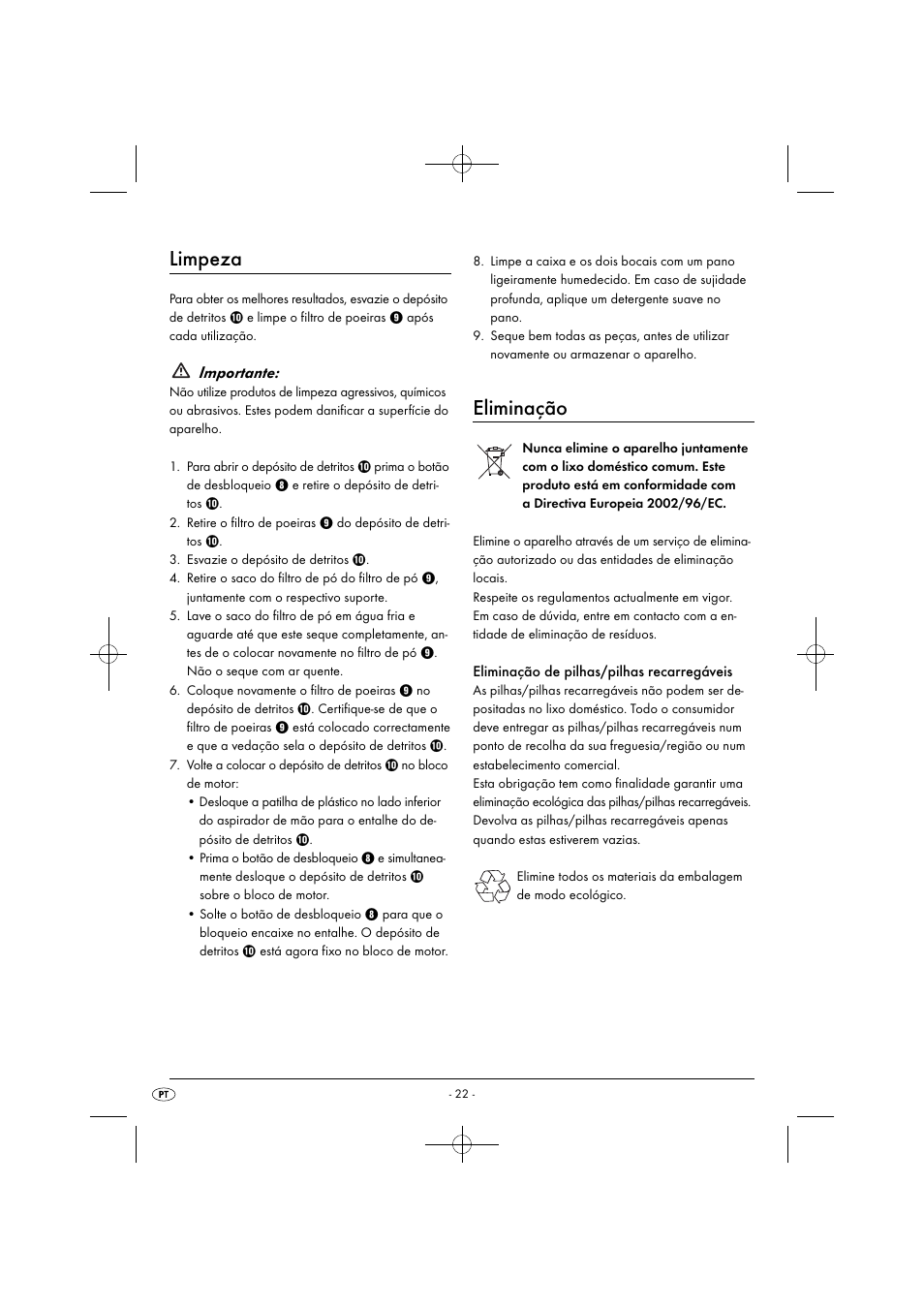 Limpeza, Eliminação, Importante | Silvercrest SAS 7.2 A2 User Manual | Page 25 / 43