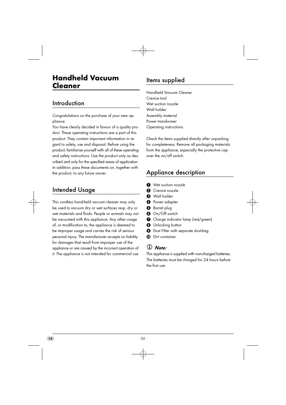 Handheld vacuum cleaner, Introduction, Intended usage | Items supplied, Appliance description | Silvercrest SAS 7.2 A2 User Manual | Page 29 / 43