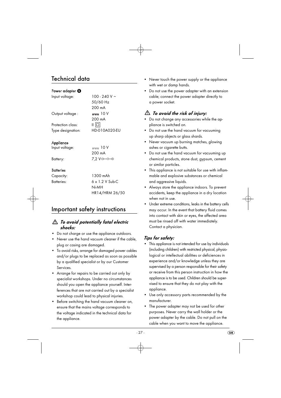 Technical data, Important safety instructions, Tips for safety | Silvercrest SAS 7.2 A2 User Manual | Page 30 / 43