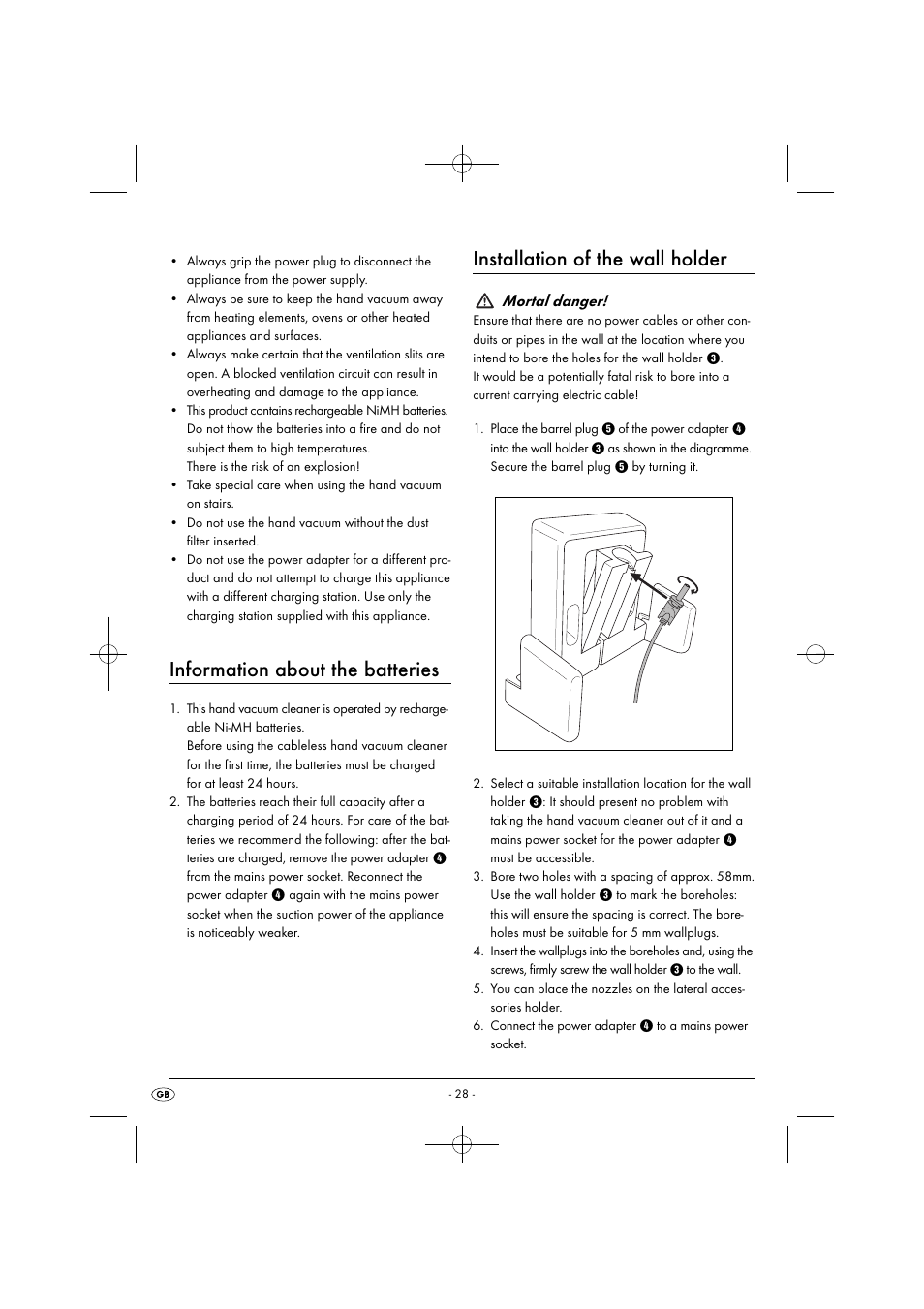 Information about the batteries, Installation of the wall holder, Mortal danger | Silvercrest SAS 7.2 A2 User Manual | Page 31 / 43