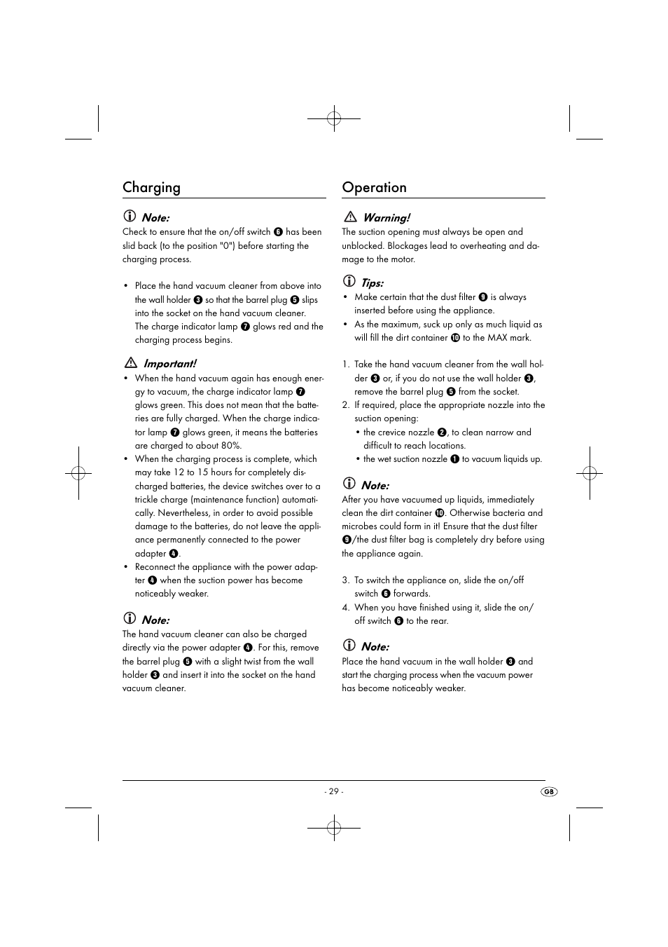 Charging, Operation, Important | Warning, Tips | Silvercrest SAS 7.2 A2 User Manual | Page 32 / 43