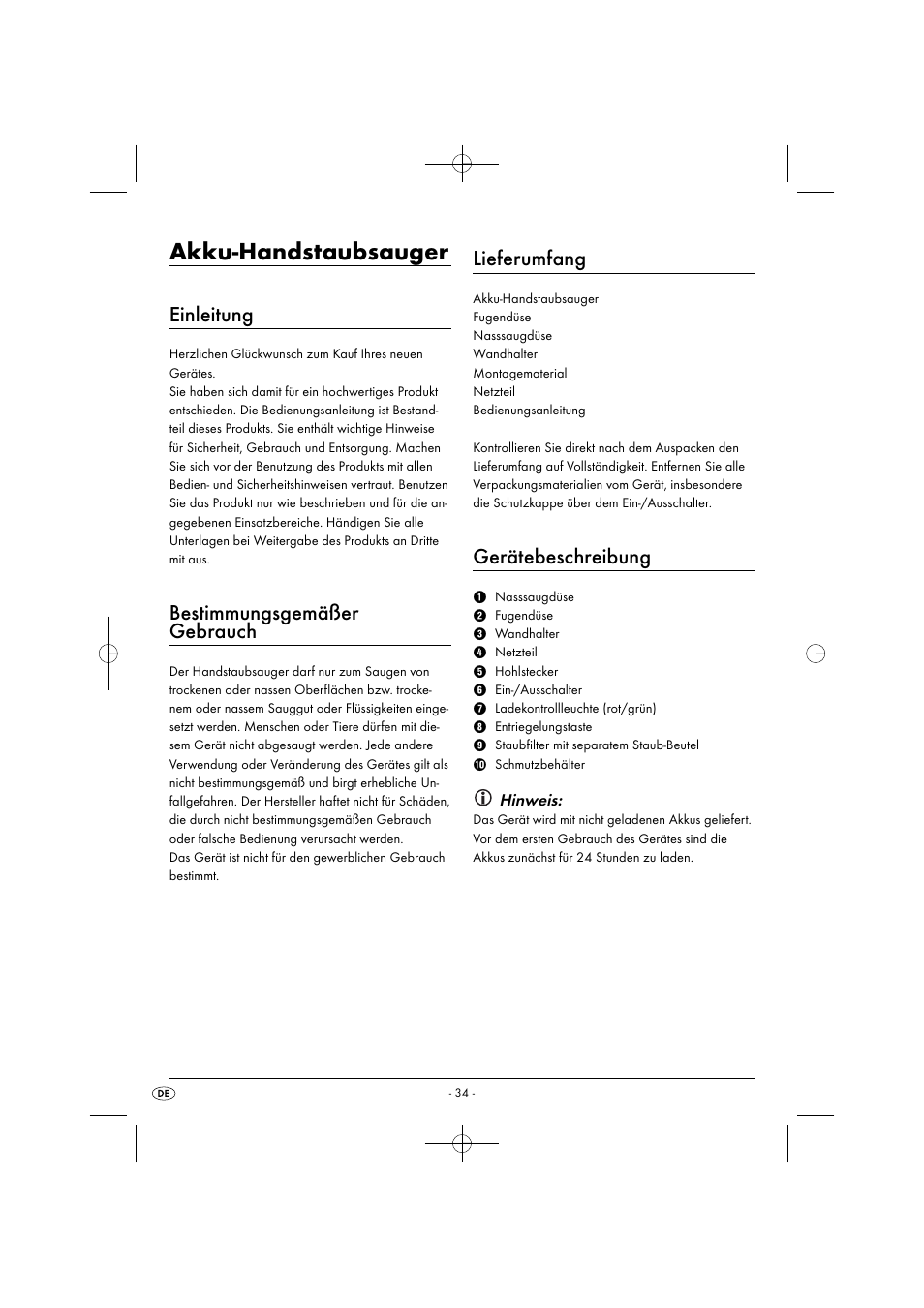 Akku-handstaubsauger, Einleitung, Bestimmungsgemäßer gebrauch | Lieferumfang, Gerätebeschreibung | Silvercrest SAS 7.2 A2 User Manual | Page 37 / 43