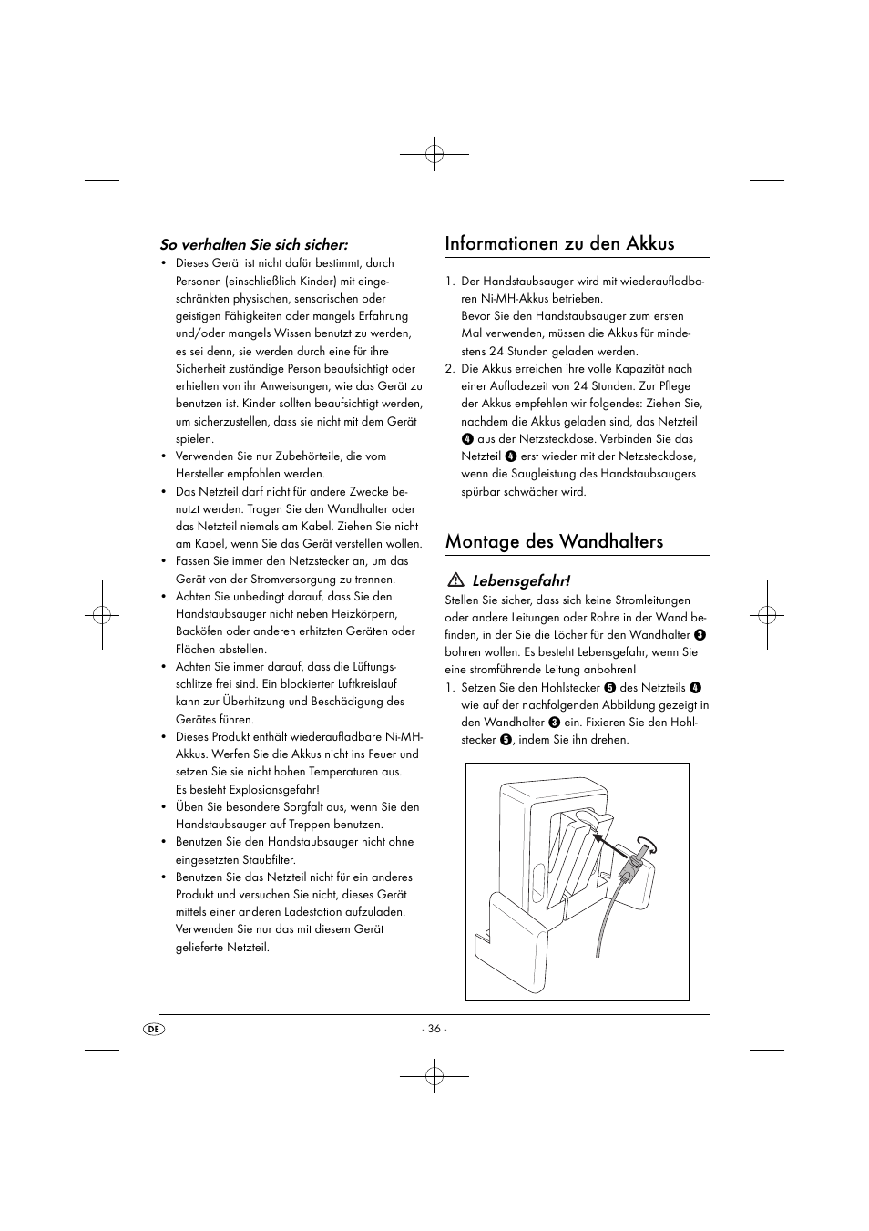 Informationen zu den akkus, Montage des wandhalters, So verhalten sie sich sicher | Lebensgefahr | Silvercrest SAS 7.2 A2 User Manual | Page 39 / 43