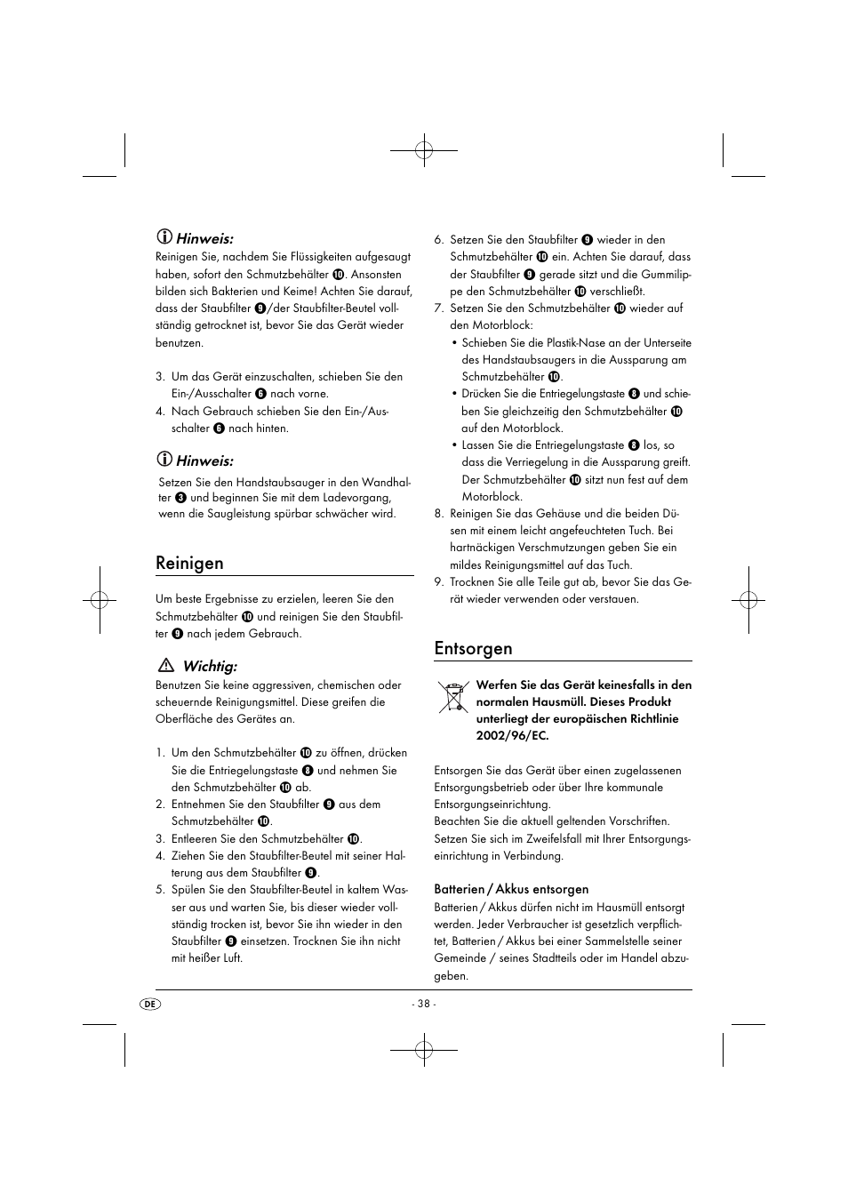 Reinigen, Entsorgen, Hinweis | Wichtig | Silvercrest SAS 7.2 A2 User Manual | Page 41 / 43