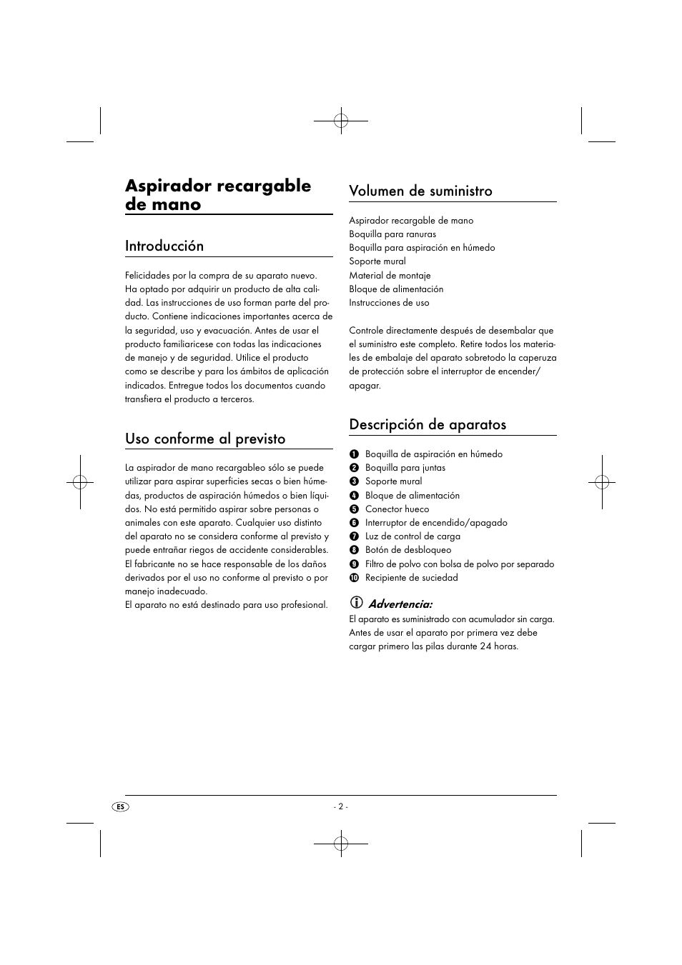 Aspirador recargable de mano, Introducción, Uso conforme al previsto | Volumen de suministro, Descripción de aparatos | Silvercrest SAS 7.2 A2 User Manual | Page 5 / 43