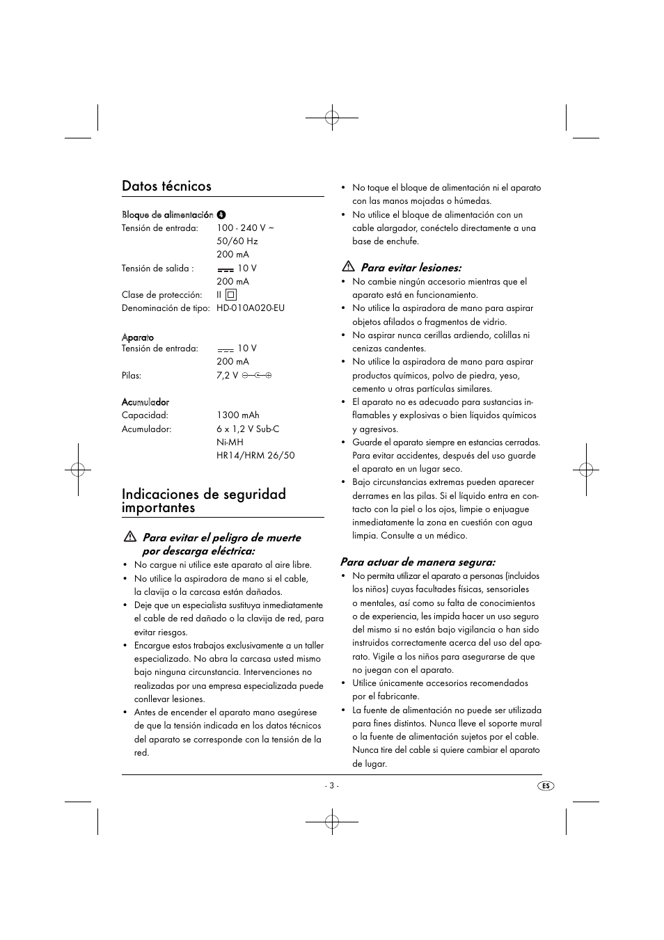 Datos técnicos, Indicaciones de seguridad importantes, Para evitar lesiones | Para actuar de manera segura | Silvercrest SAS 7.2 A2 User Manual | Page 6 / 43