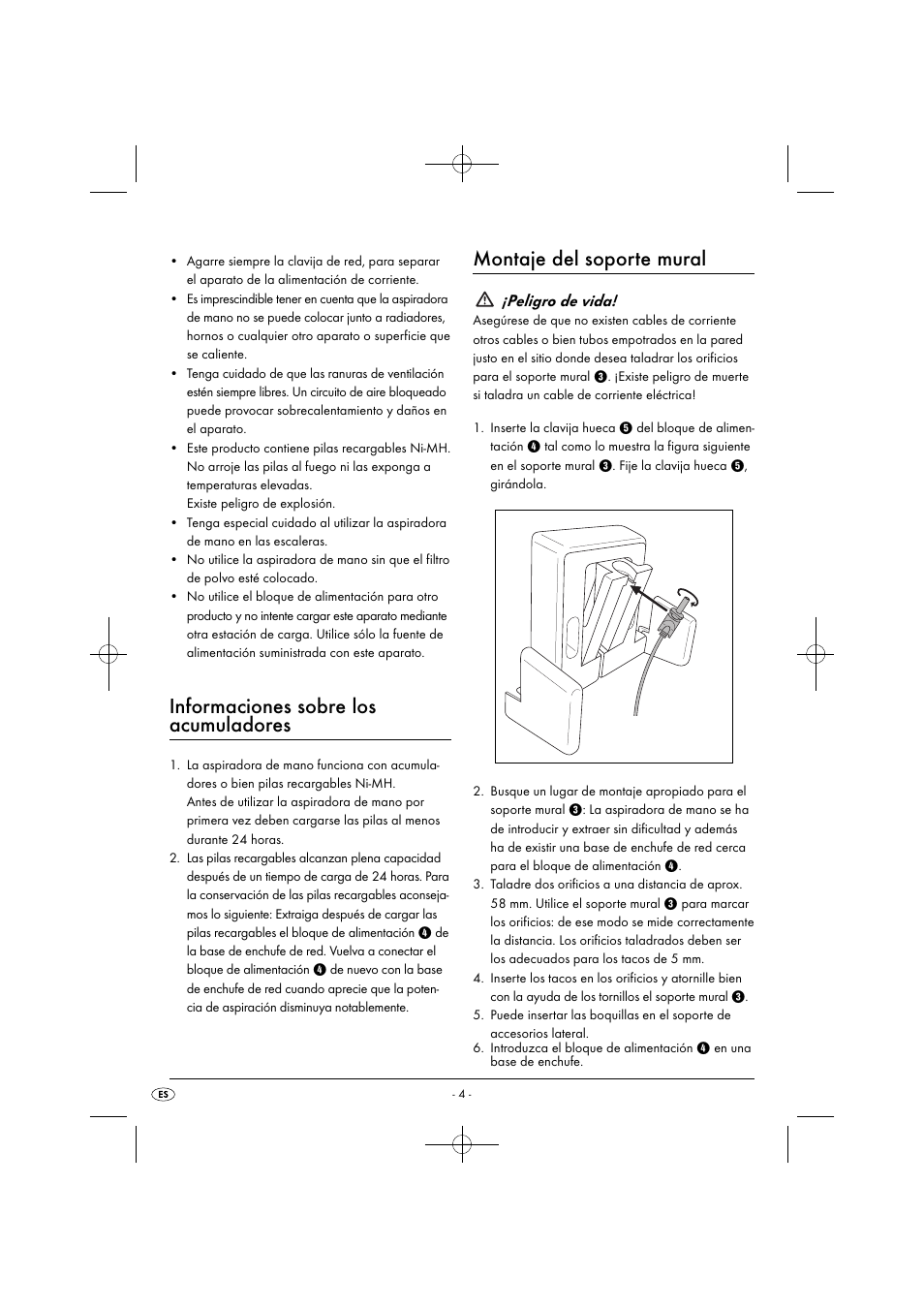Informaciones sobre los acumuladores, Montaje del soporte mural, Peligro de vida | Silvercrest SAS 7.2 A2 User Manual | Page 7 / 43