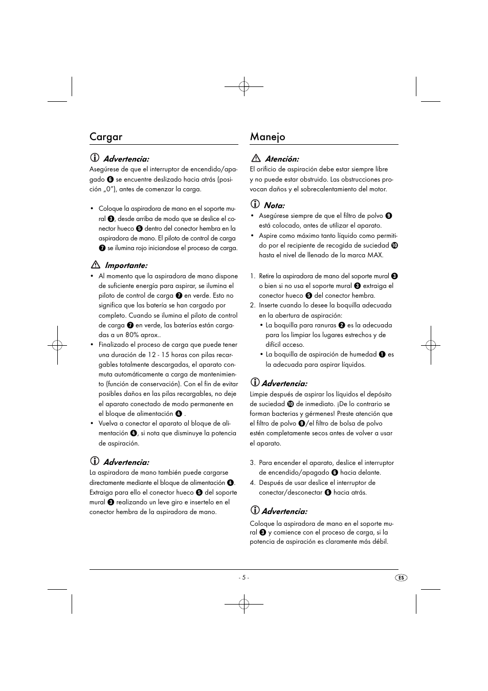 Cargar, Manejo, Advertencia | Importante, Atención, Nota | Silvercrest SAS 7.2 A2 User Manual | Page 8 / 43