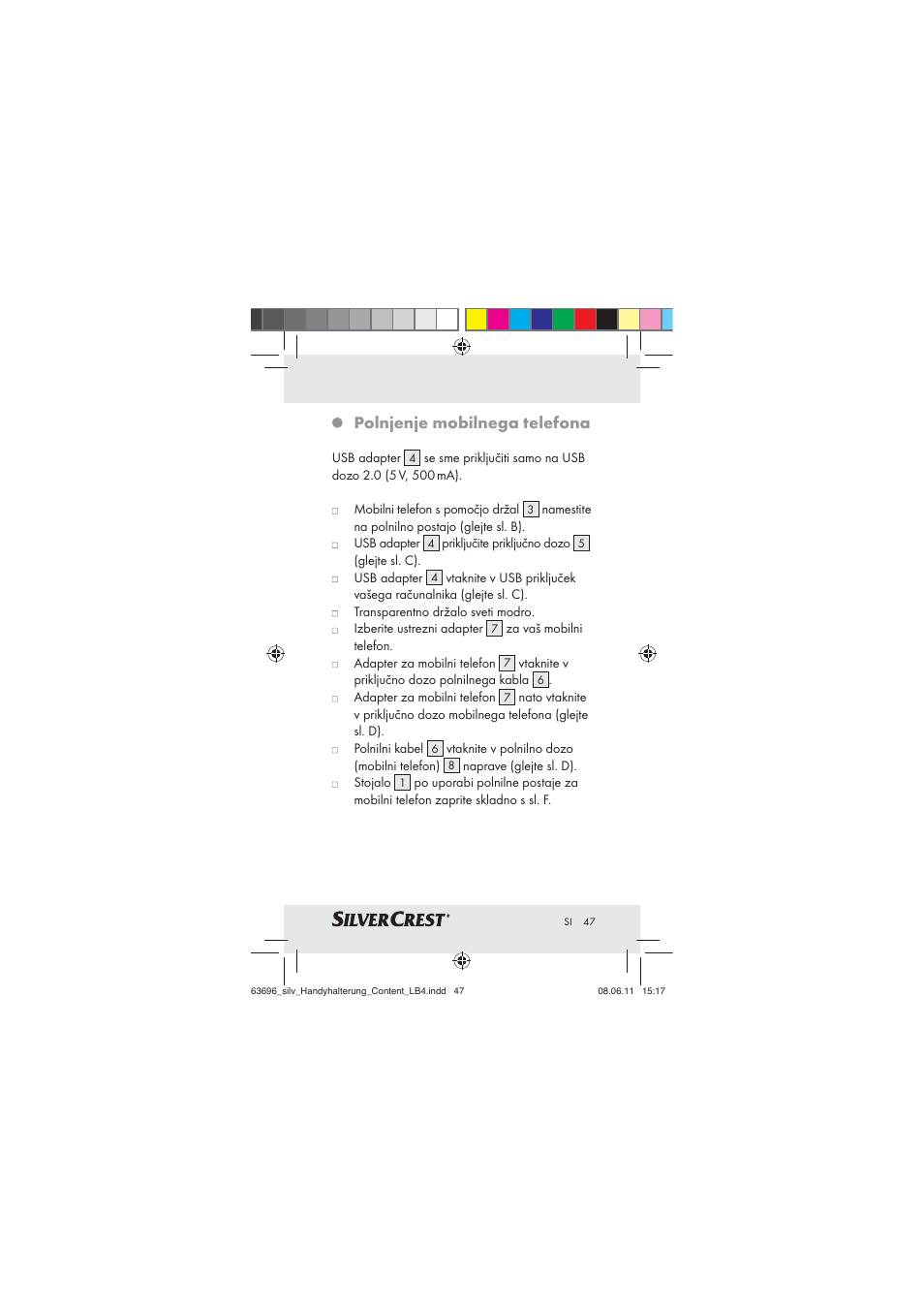 Polnjenje mobilnega telefona | Silvercrest Z30833 A / Z30833B User Manual | Page 45 / 85