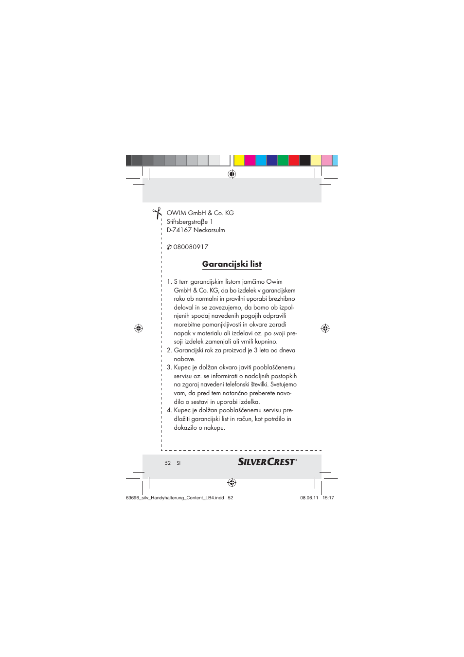 Garancijski list | Silvercrest Z30833 A / Z30833B User Manual | Page 50 / 85