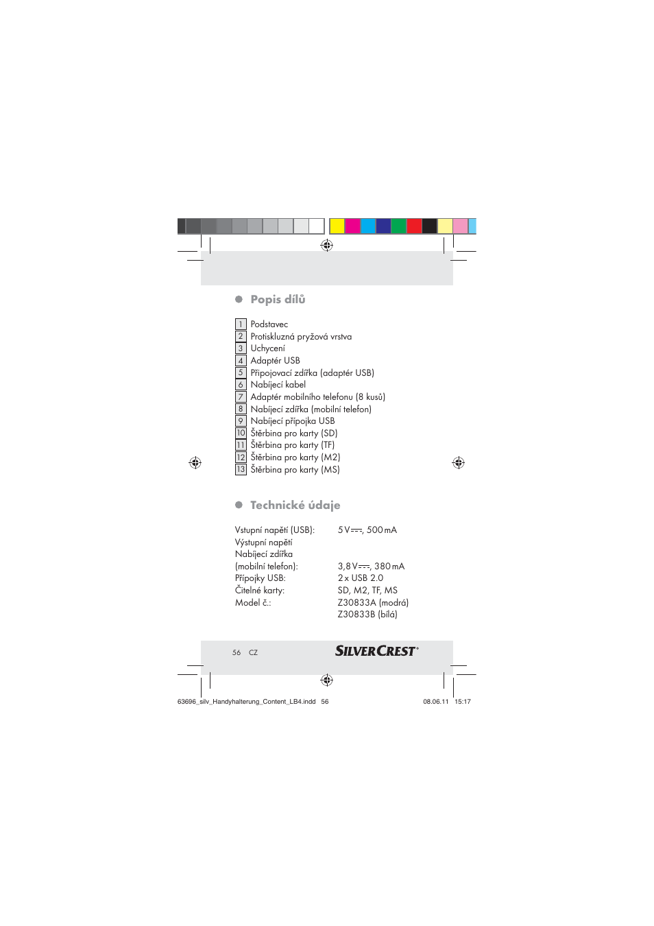 Popis dílů, Technické údaje | Silvercrest Z30833 A / Z30833B User Manual | Page 54 / 85