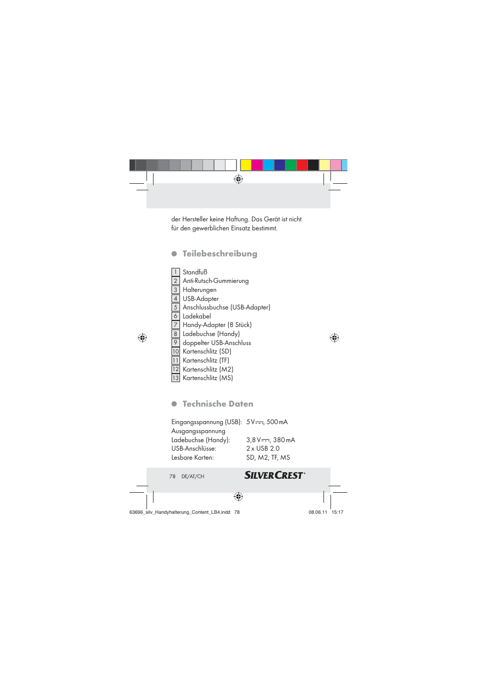 Teilebeschreibung, Technische daten | Silvercrest Z30833 A / Z30833B User Manual | Page 76 / 85