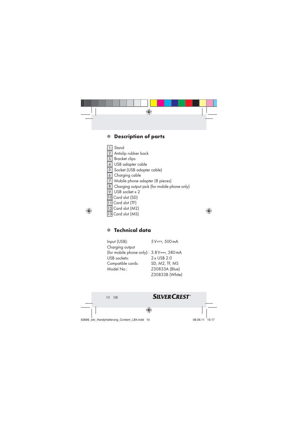 Description of parts, Technical data | Silvercrest Z30833 A / Z30833B User Manual | Page 8 / 85