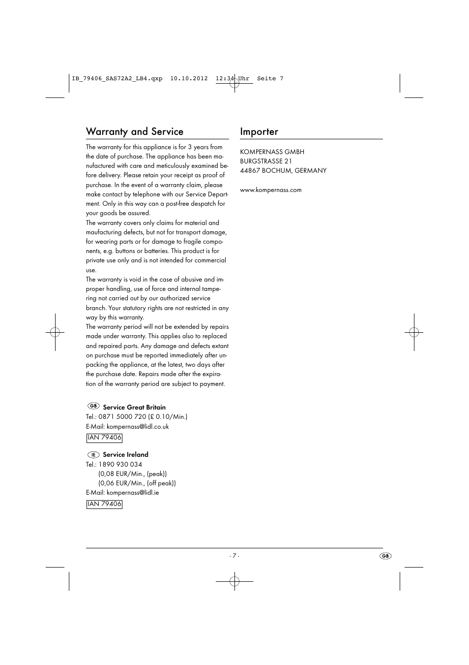 Warranty and service, Importer | Silvercrest SAS 7.2 A2 User Manual | Page 10 / 47
