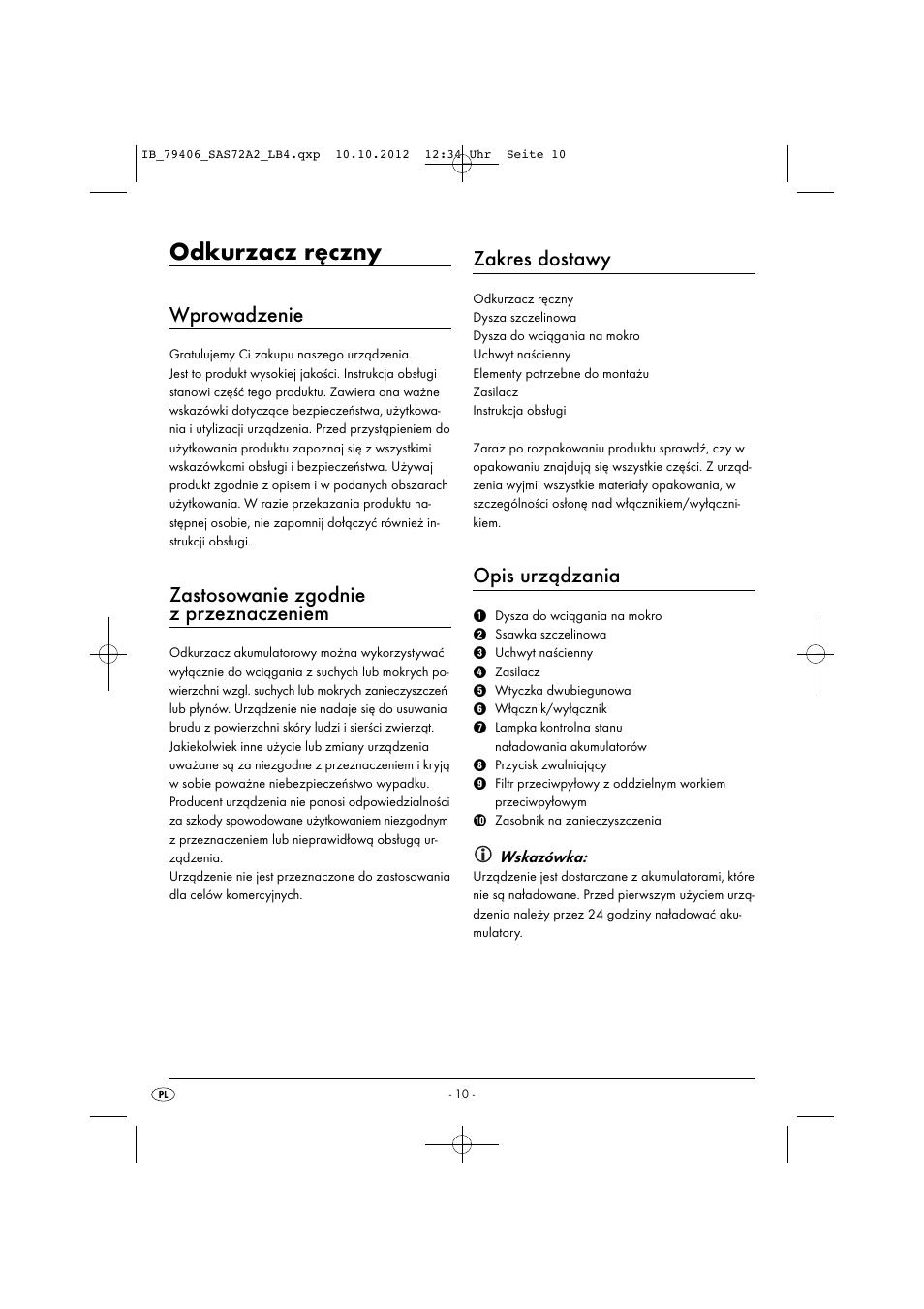 Odkurzacz ręczny, Wprowadzenie, Zastosowanie zgodnie z przeznaczeniem | Zakres dostawy, Opis urządzania | Silvercrest SAS 7.2 A2 User Manual | Page 13 / 47