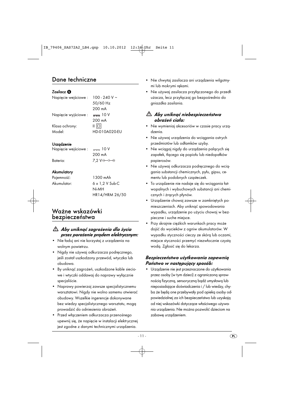 Dane techniczne, Ważne wskazówki bezpieczeństwa, Aby uniknąć niebezpieczeństwa obrażeń ciała | Silvercrest SAS 7.2 A2 User Manual | Page 14 / 47