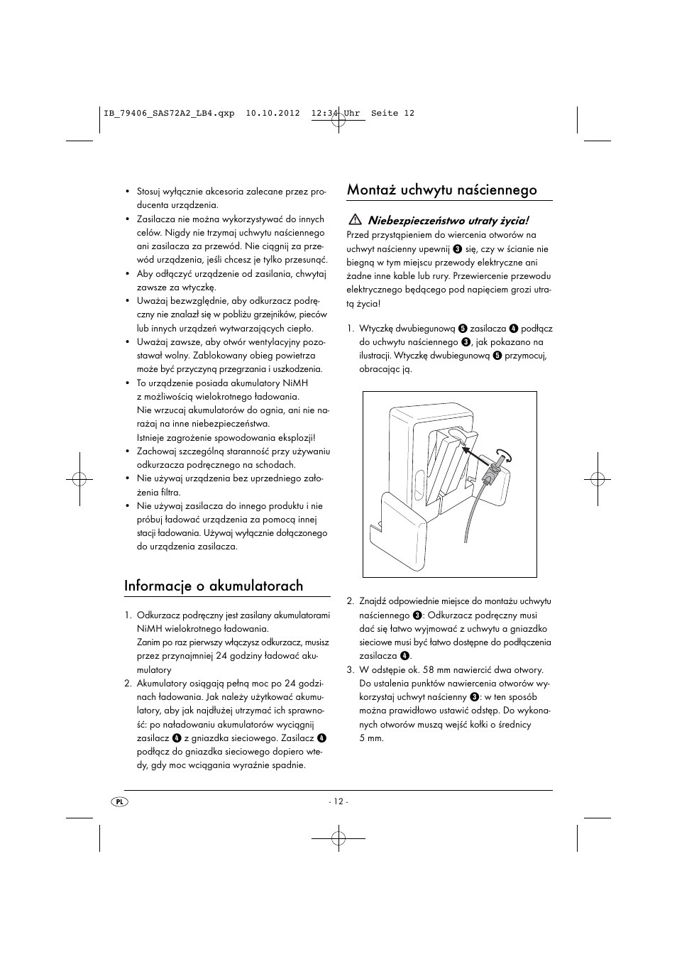 Informacje o akumulatorach, Montaż uchwytu naściennego, Niebezpieczeństwo utraty życia | Silvercrest SAS 7.2 A2 User Manual | Page 15 / 47