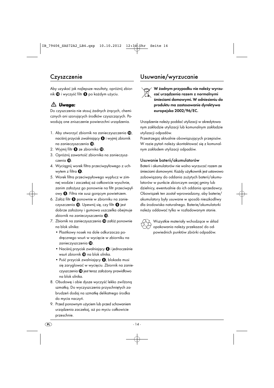 Czyszczenie, Usuwanie/wyrzucanie, Uuw wa ag ga a | Silvercrest SAS 7.2 A2 User Manual | Page 17 / 47