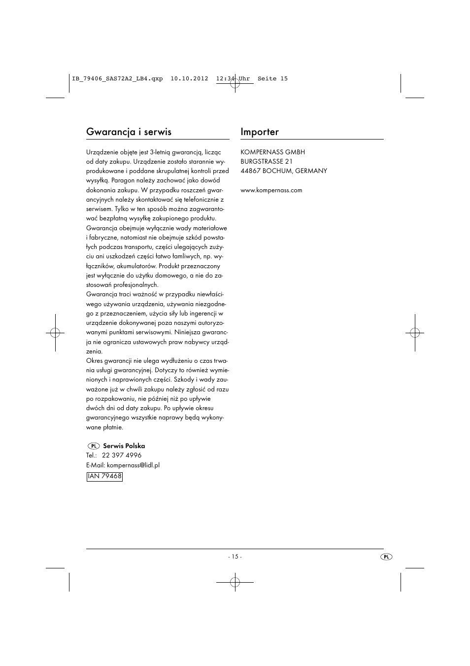 Gwarancja i serwis, Importer | Silvercrest SAS 7.2 A2 User Manual | Page 18 / 47