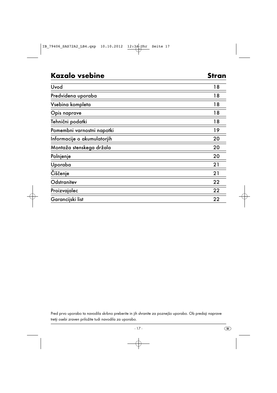 Kazalo vsebine stran | Silvercrest SAS 7.2 A2 User Manual | Page 20 / 47