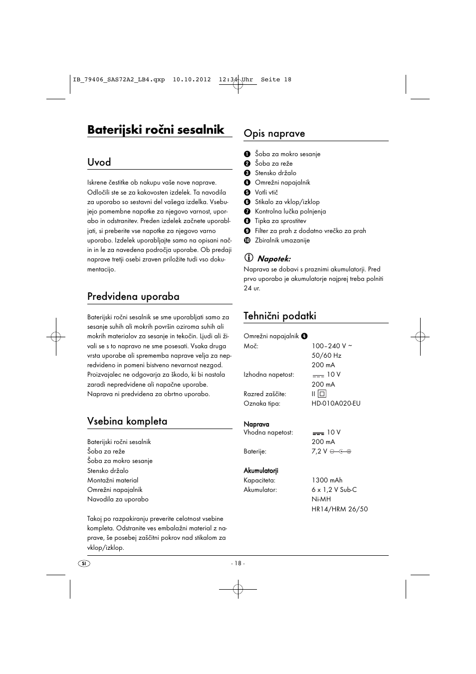 Baterijski ročni sesalnik, Uvod, Predvidena uporaba | Vsebina kompleta, Opis naprave, Tehnični podatki | Silvercrest SAS 7.2 A2 User Manual | Page 21 / 47