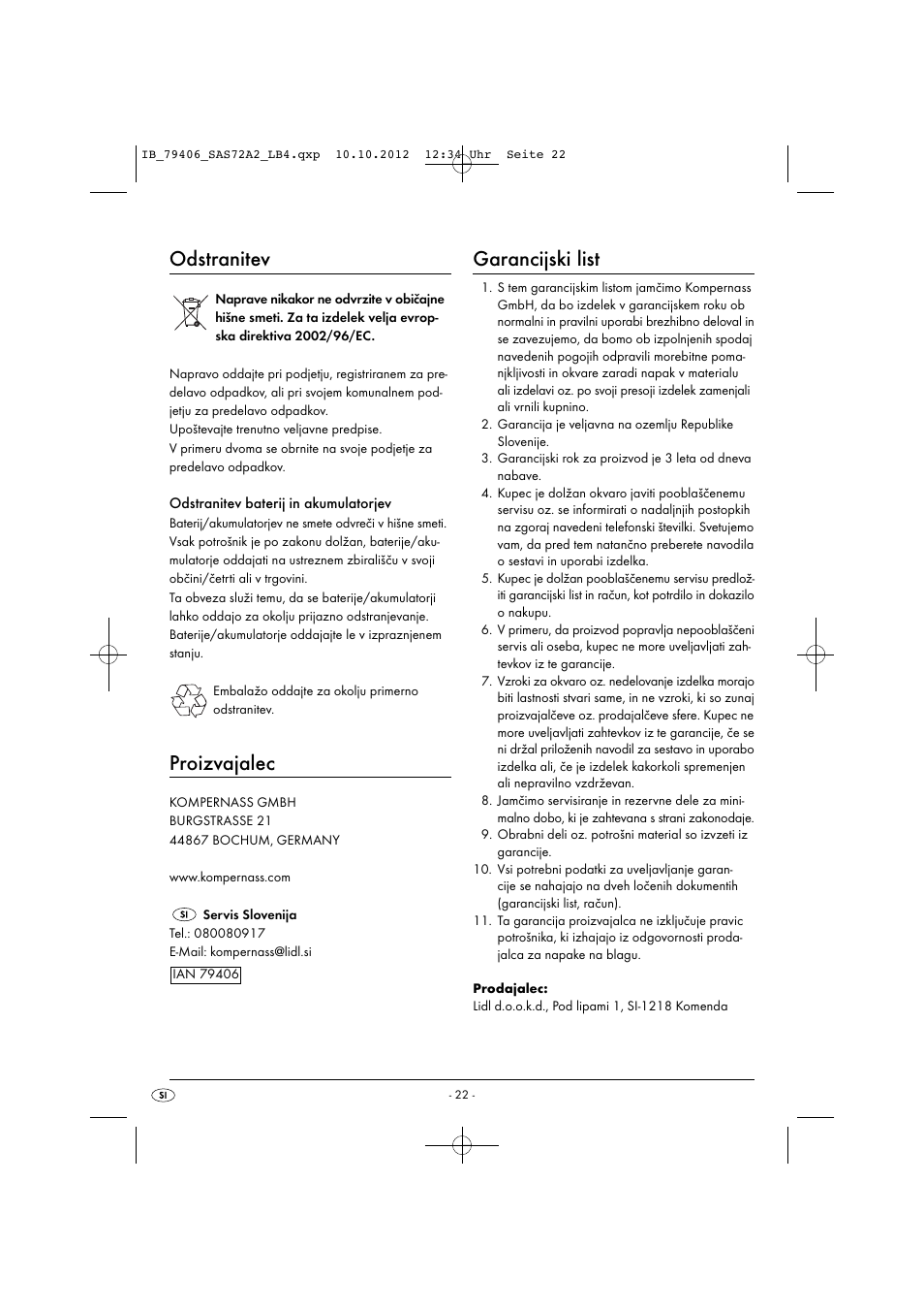 Odstranitev, Proizvajalec, Garancijski list | Silvercrest SAS 7.2 A2 User Manual | Page 25 / 47