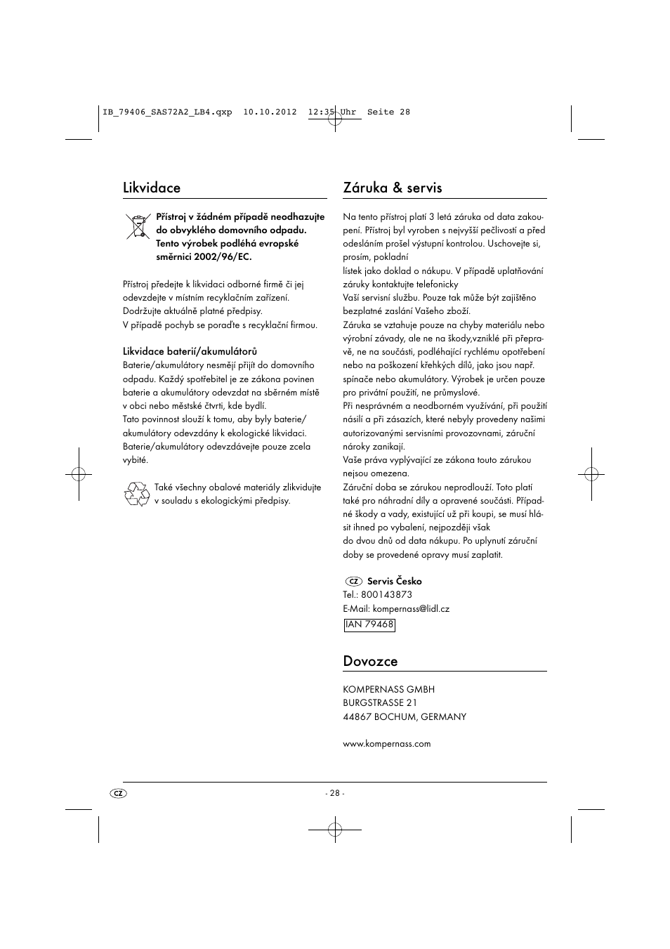 Likvidace, Záruka & servis, Dovozce | Silvercrest SAS 7.2 A2 User Manual | Page 31 / 47