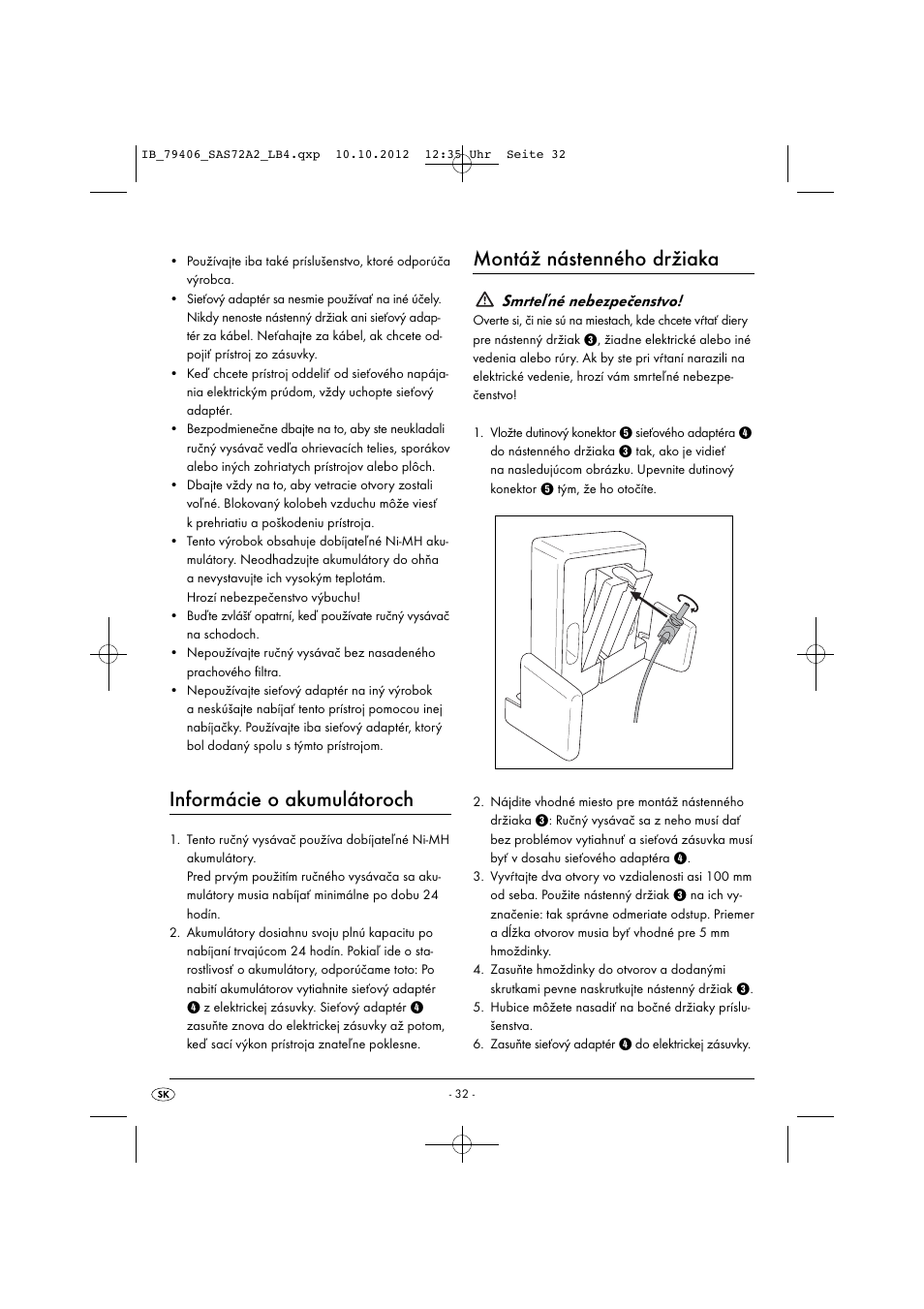Informácie o akumulátoroch, Montáž nástenného držiaka, Smrteľné nebezpečenstvo | Silvercrest SAS 7.2 A2 User Manual | Page 35 / 47