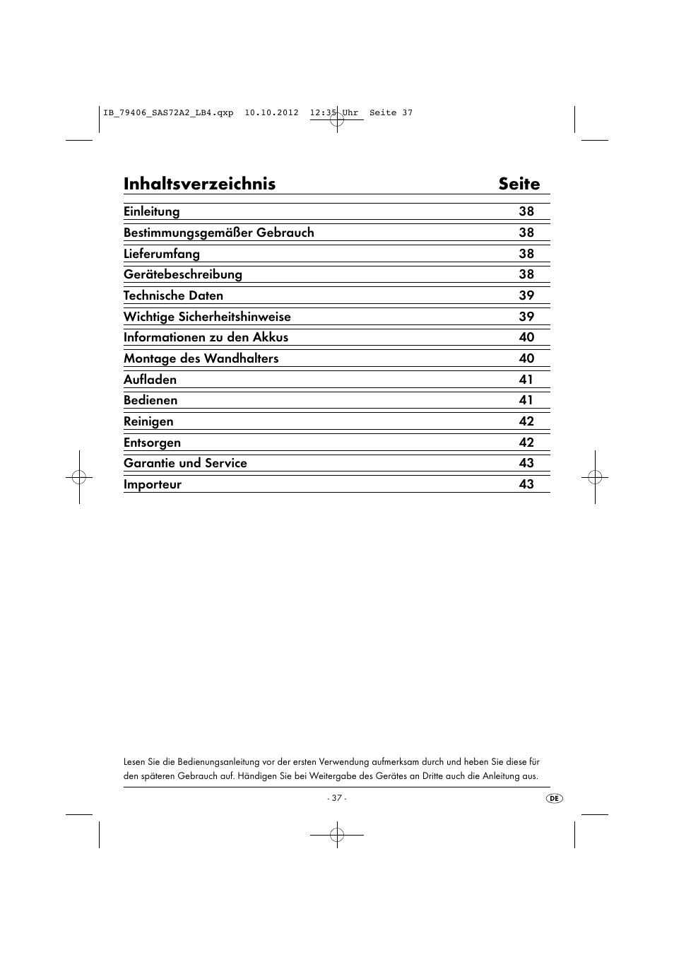 Inhaltsverzeichnis seite | Silvercrest SAS 7.2 A2 User Manual | Page 40 / 47