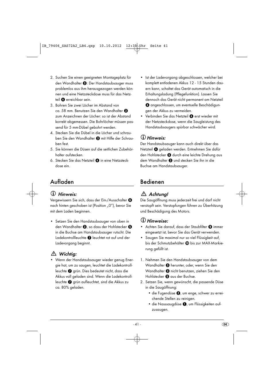 Aufladen, Bedienen, Hinweis | Wichtig, Achtung, Hinweise | Silvercrest SAS 7.2 A2 User Manual | Page 44 / 47