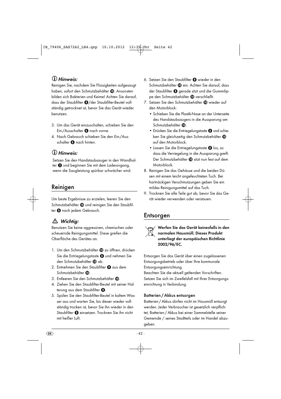 Reinigen, Entsorgen, Hinweis | Wichtig | Silvercrest SAS 7.2 A2 User Manual | Page 45 / 47