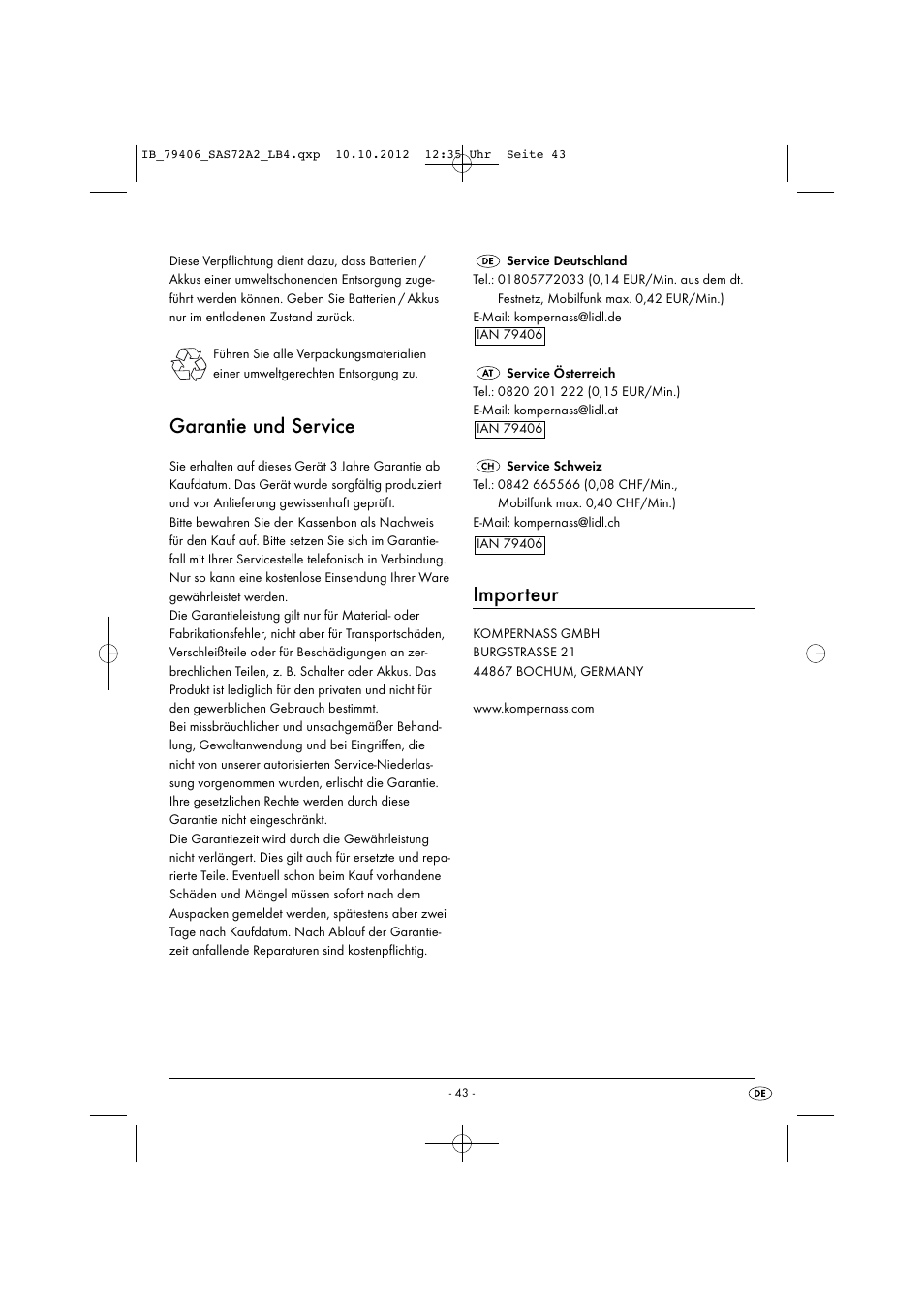 Garantie und service, Importeur | Silvercrest SAS 7.2 A2 User Manual | Page 46 / 47