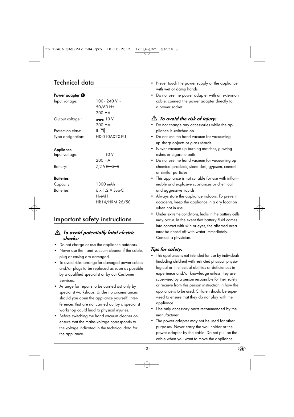 Technical data, Important safety instructions, Tips for safety | Silvercrest SAS 7.2 A2 User Manual | Page 6 / 47