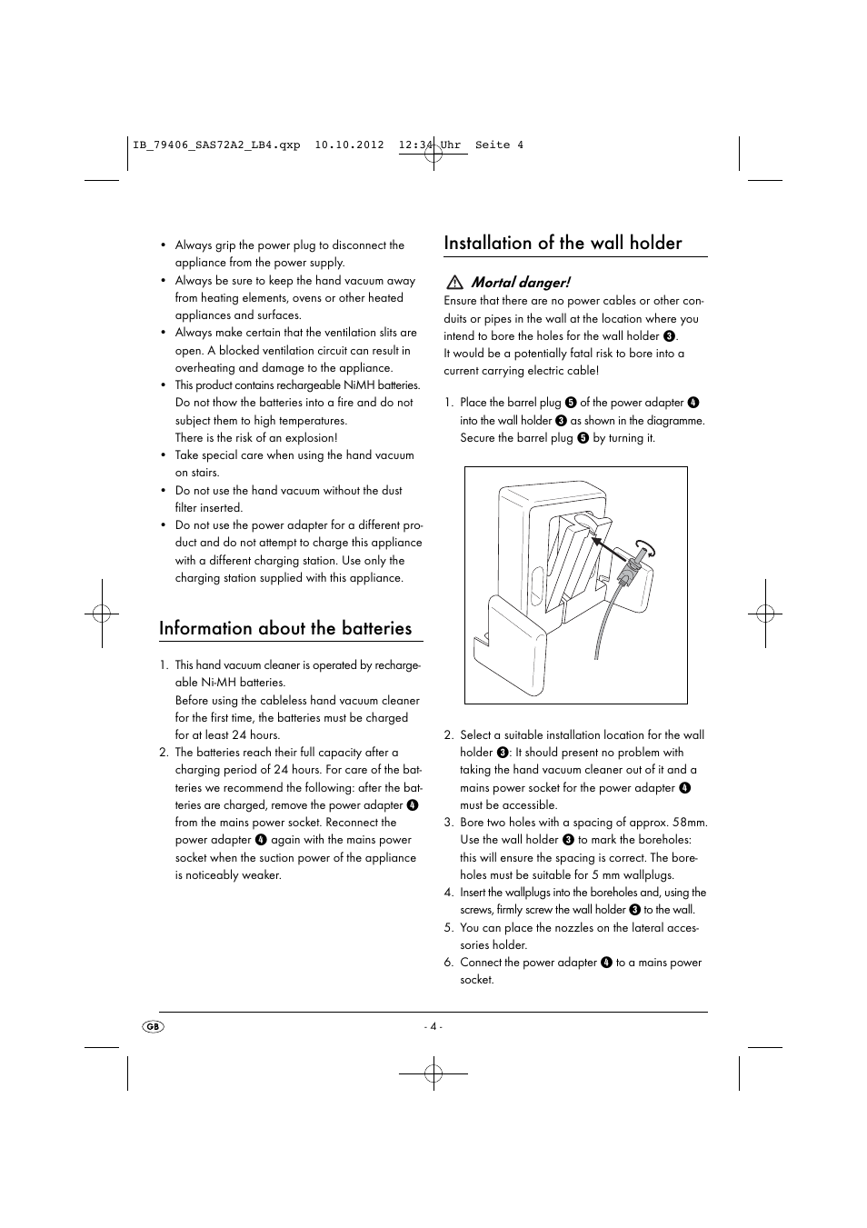 Information about the batteries, Installation of the wall holder, Mortal danger | Silvercrest SAS 7.2 A2 User Manual | Page 7 / 47