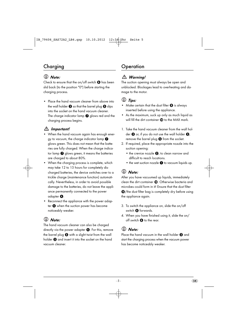 Charging, Operation, Important | Warning, Tips | Silvercrest SAS 7.2 A2 User Manual | Page 8 / 47