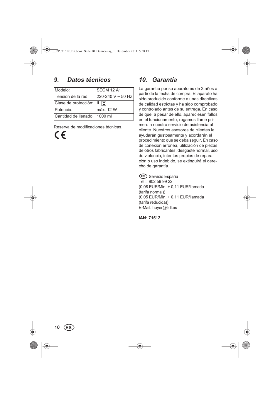 Datos técnicos, Garantía | Silvercrest SECM 12 A1 User Manual | Page 12 / 54