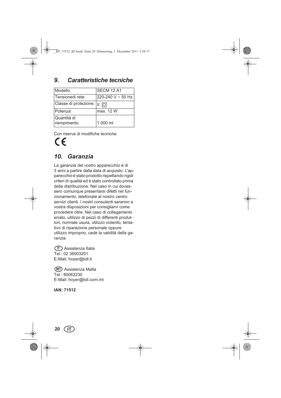 Caratteristiche tecniche, Garanzia | Silvercrest SECM 12 A1 User Manual | Page 22 / 54