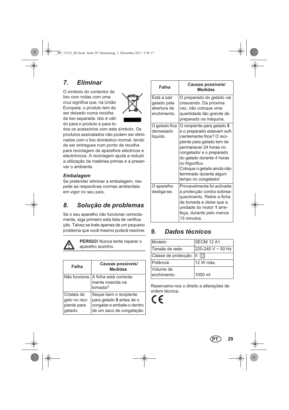 Eliminar, Solução de problemas, Dados técnicos | Silvercrest SECM 12 A1 User Manual | Page 31 / 54