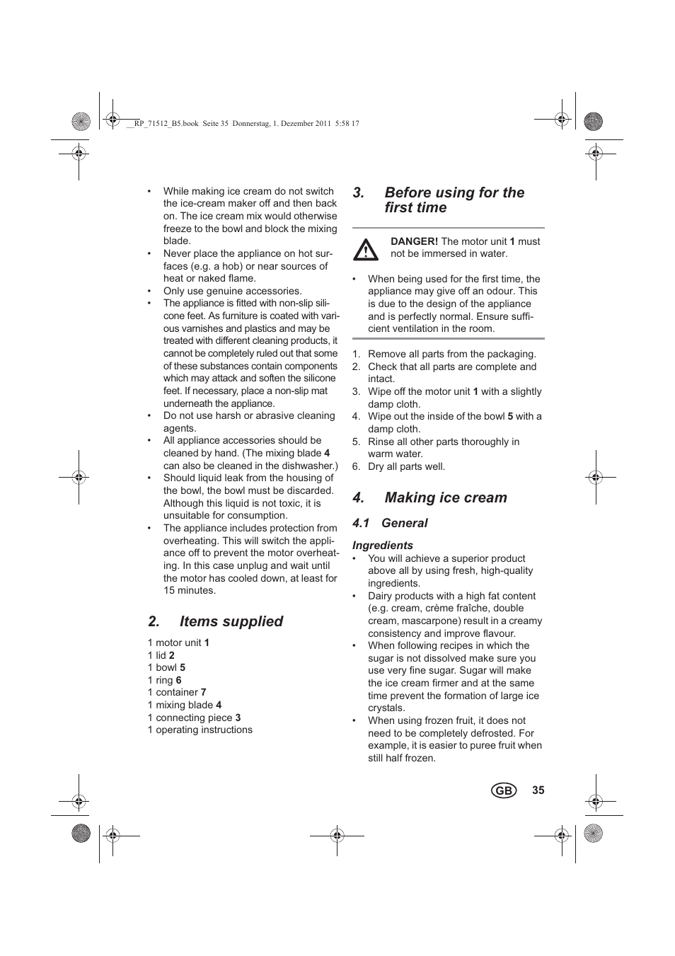 Items supplied, Before using for the first time, Making ice cream | Silvercrest SECM 12 A1 User Manual | Page 37 / 54